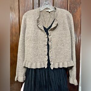 Taupe Ruffle-Trim Cardigan Sweater